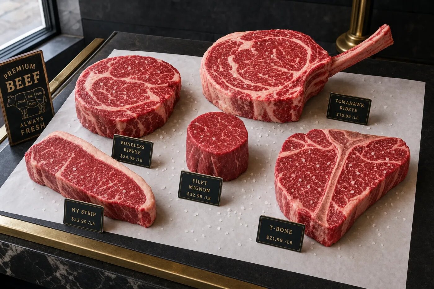 A selection of fresh beef cuts arranged for display